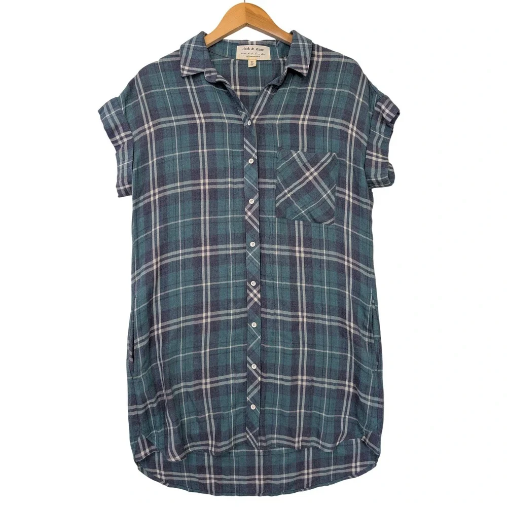 Cloth & Stone Anthropologie Shirt Dress Women S Blue Green Plaid‎ Casual